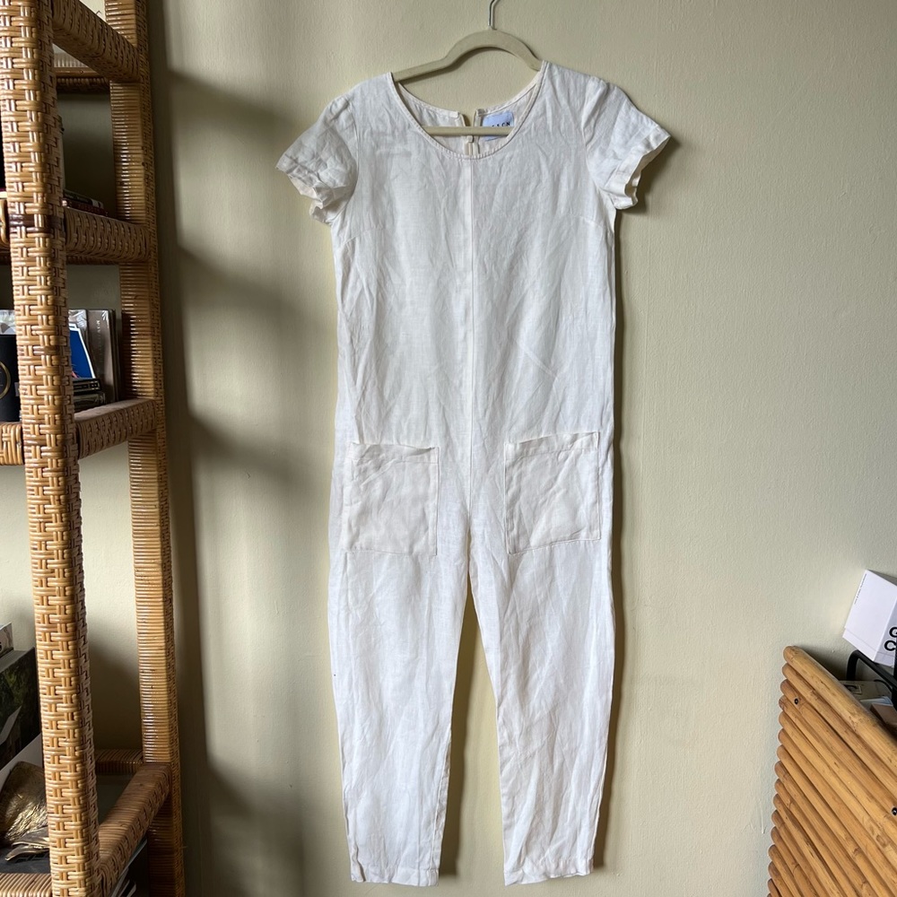 OFFON natural linen ethical handmade sustainable short sleeve jumpsuit pockets